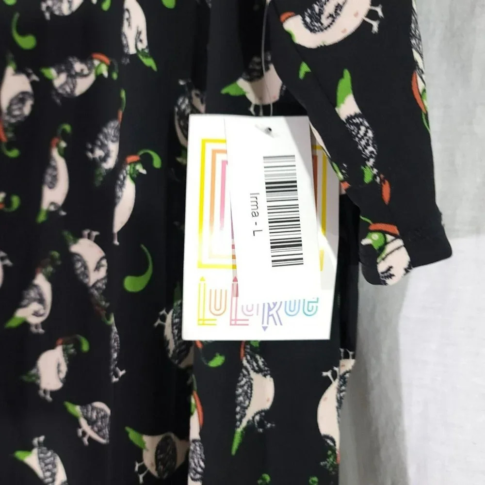 LuLaRoe Women's Size L Black Multicolor Pigeon s/s Drop Shoulder Irma Tunic Top - Picture 3 of 5